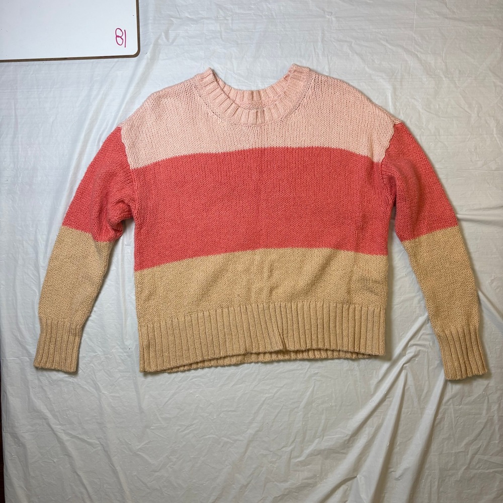 Womens Striped Knit Sweater Pink Coral Tan Crew Neck Long Sleeve Casual